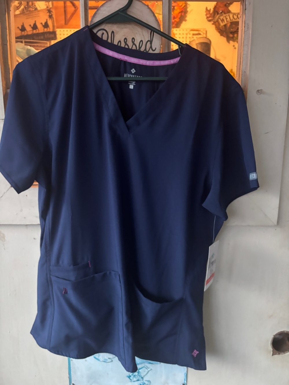 Med Couture Navy and Teal Logo Scrub Top
